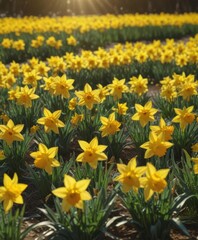 Obraz premium Sunlit field of vibrant yellow daffodils, petals gleaming , spring flowers, nature photography, flora