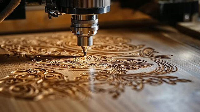 Intricate wood engraving process with a CNC machine creating detailed patterns in a workshop