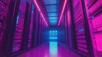 Obraz premium Neon Server Room Data Center Corridor Glow.