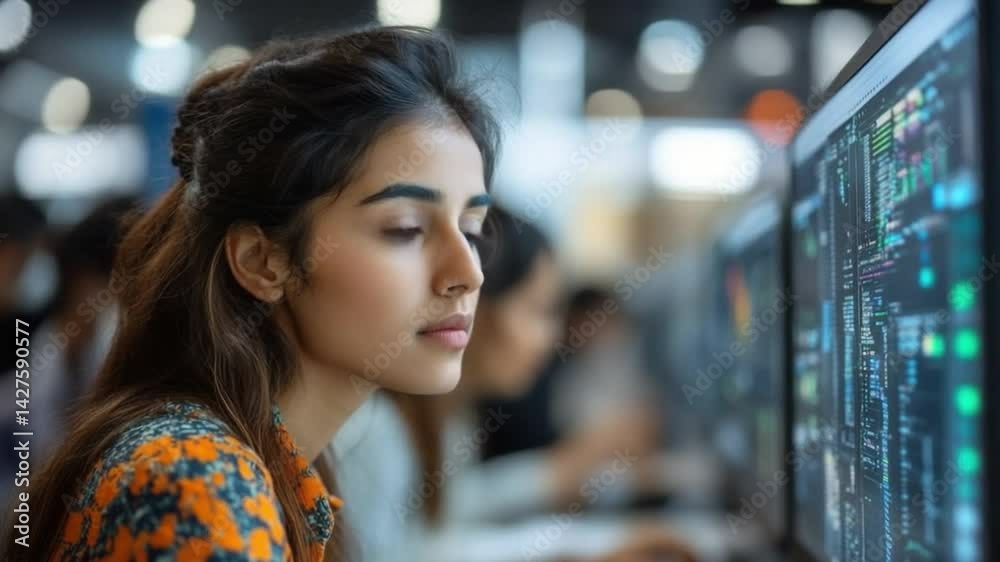 Poster Focused Programmer: A young woman programmer is intensely focused on her computer screen, her eyes closed in concentration as she works on a complex coding project.