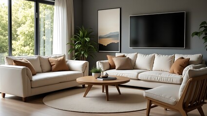 Living Room Interior with Comfortable Sofas and Natural Light