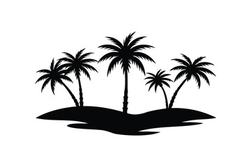 A desert oasis with palm trees silhouette on white background