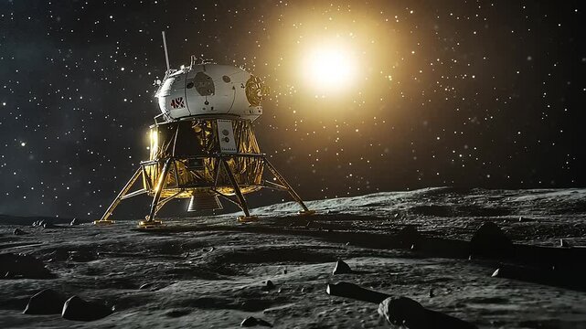 Lunar lander on the moon's surface under a bright sun, with stars and rocks in the background