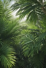 Vibrant green palm leaves, sunlight dappled, lush texture ,  green,  background,  jungle
