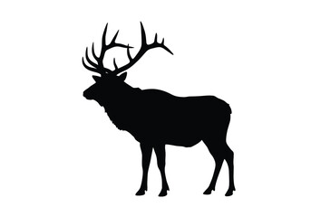 Bull elk silhouette. This image shows a black silhouette of a bull elk with large antlers, also known as a stag or deer. Vector clipart illustration design.