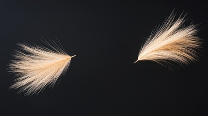 Obraz premium Two delicate, feathery plant structures float against a dark background, showcasing their intricate details and natural beauty.