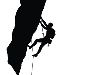 rock climber silhouette. This image shows a person climbing a rock face, silhouetted against a white background, emphasizing the climber's gear and posture. Vector clipart illustration design.