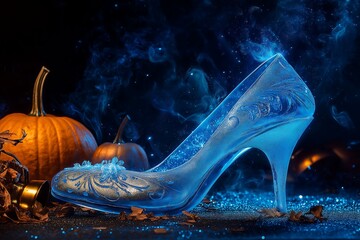 Blue Glass Slipper with a Pumpkin Patch and Wedding Bells against a Dark Background, Halloween Fairytale Concept