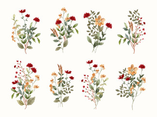 red yellow wildflower bouquet watercolor collection
