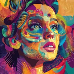 Woman's Portrait with Abstract Visual Mess with a Confused Expression, Overthinking Mentality Concept