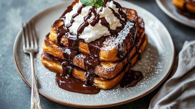 French toast with chocolate syrup and whipped cream. french toast. chocolate syrup. whipped cream