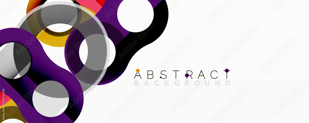 Poster abstract design features overlapping circles, vibrant colors. purple, yellow, gray, black create dyn