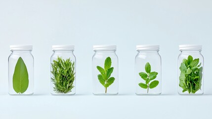 Five glass jars contain various fresh herbs, showcasing their vibrant green colors and textures on a minimalist background.