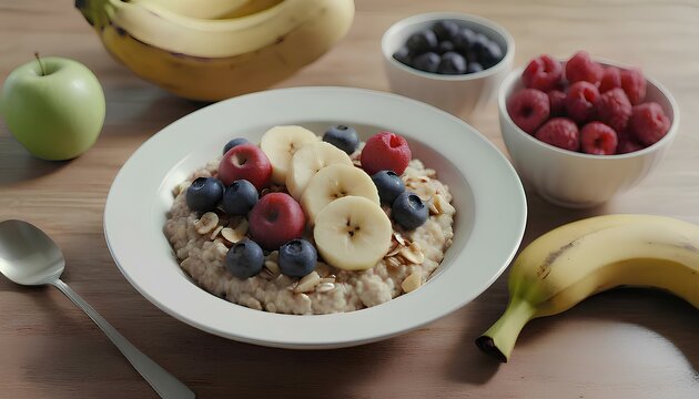 high fiber fruit breakfast for diet, oatmeal with apple slices, banana slices, and berries.