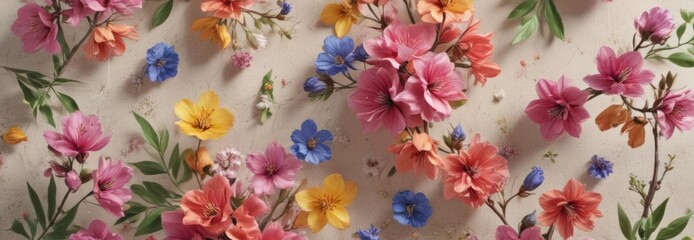 Vibrant spring blooms artfully arranged on textured paper ,  studio shot, spring flowers,  vibrant