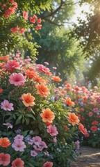 Vibrant watercolor blooms, summer garden  Sunlit petals, lush foliage ,  close-up,  bright,  wildflowers