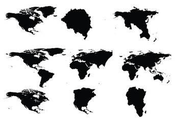 Countries silhouette. This image shows black silhouettes of various countries and regions, showcasing their shapes and geographical boundaries. Vector clipart illustration design.