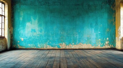 Abandoned Room Teal Wall with Rustic Wood Floor.