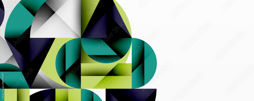Poster abstract geometric composition. overlapping shapes create dynamic visual interest. teal, lime green,