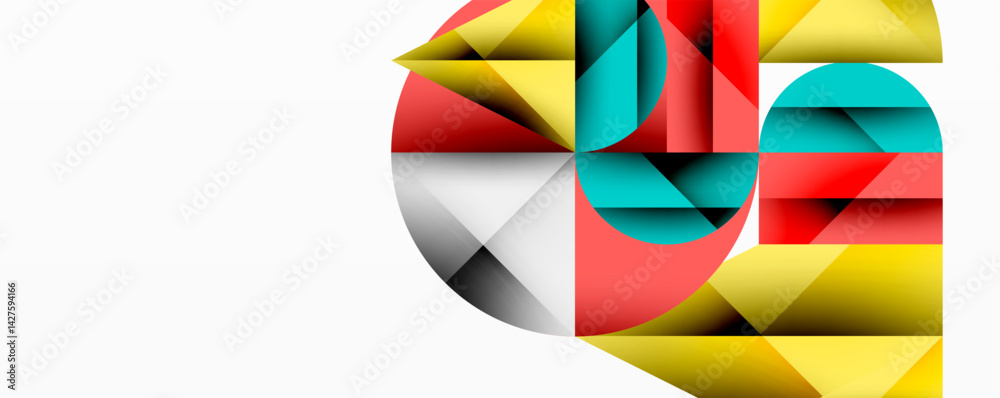 Poster Geometric abstraction features vibrant rectangles, triangles forming partial circles. Bold colorsred, yellow, teal, graycreate dynamic composition. Modern design, clean lines dominate visual space.