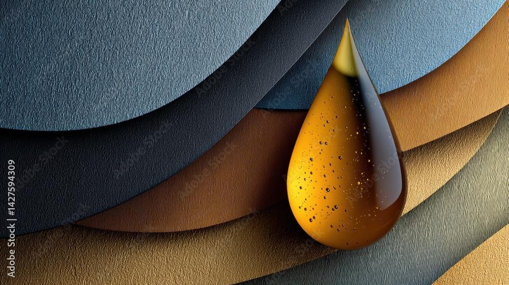 Poster Iconic Oil Droplet Shape Featuring Textures and Layered Shadows Set Against a Backdrop of Contrasting Colors and Materials, Creating Visual Depth and Interest