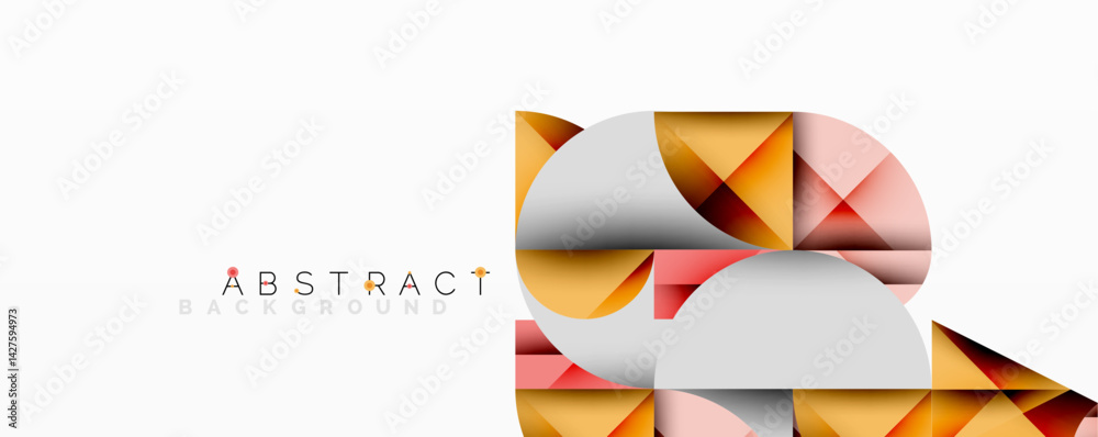 Poster geometric shapes overlap creating abstract design. warm colors dominate, with shades of orange, pink