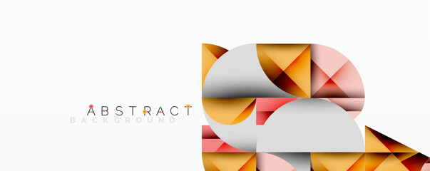 Geometric shapes overlap creating abstract design. Warm colors dominate, with shades of orange, pink, gray. Minimalist composition suits modern backgrounds.