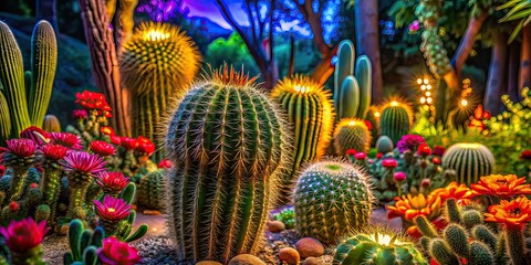 Thriving Cactus in Botanical Garden - Night Photography