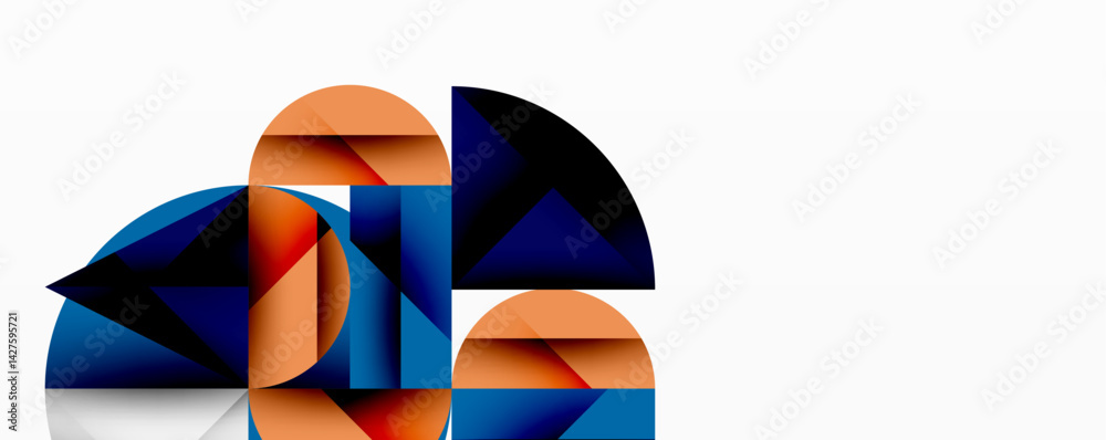 Poster abstract geometric composition featuring overlapping semicircles, triangles. colors include orange, 