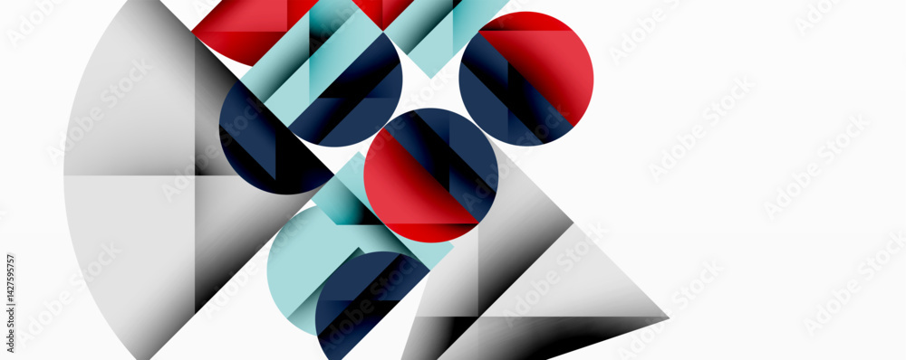 Fototapete Abstract geometric composition. Circles, triangles overlap creating dynamic visual effect. Colors include red, blue, gray, cyan. Minimalist design, modern aesthetic.