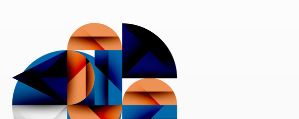Abstract geometric composition featuring overlapping semicircles, triangles. Colors include orange, navy, black. Minimalist design with gradient effects creates depth, visual interest.