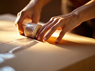 Hands Packing Box with Tape with Moving Day Prep.