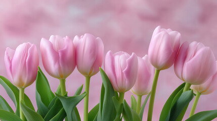 Fototapeta premium Bouquet of fresh pink tulips arranged on a matching pink background. 