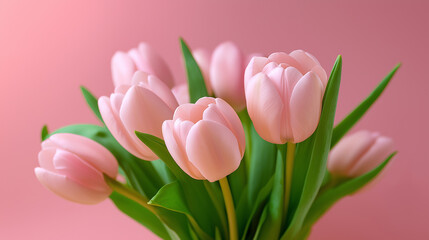 Fototapeta premium Bouquet of fresh pink tulips arranged on a matching pink background. 