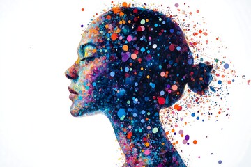 Side Profile of a Young Woman in Pointillism Art Style with Fun Vibrant Color Blobs, Modern Art Concept