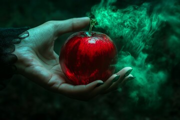 Old Witch's Hand Holding a Red Glass Apple with a Dark Green Poisonous Cloud Mist, Fairytale Concept