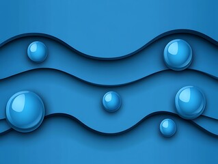 Abstract layered wavy shapes with glossy spheres on monochrome backdrop