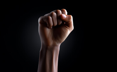 Raised clenched fist against a dark background symbolizing strength, resistance, and unity.
