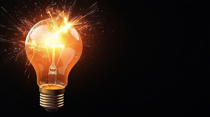Explosion of lightbulb in high-speed bulb shattering concept. A glowing light bulb with sparks on a black background.