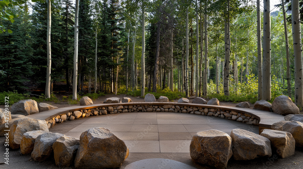Poster serene forest setting featuring circular stone seating area surrounded by tall trees. natural light 