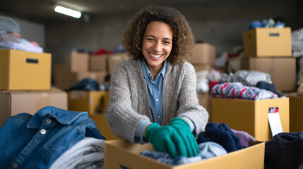 Smiling woman sorting donated clothes in a warehouse filled with cardboard boxes.
