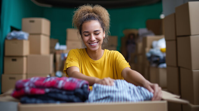Smiling woman sorting donated clothes in a warehouse filled with cardboard boxes.
