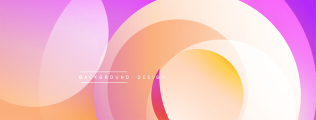 Abstract background features overlapping circles, gradients shifting from purple to orange. Soft, flowing shapes create dynamic visual effect. Modern design element.