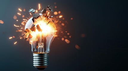 Explosion of lightbulb in high-speed electric crash concept. A broken light bulb explodes, releasing sparks and energy.