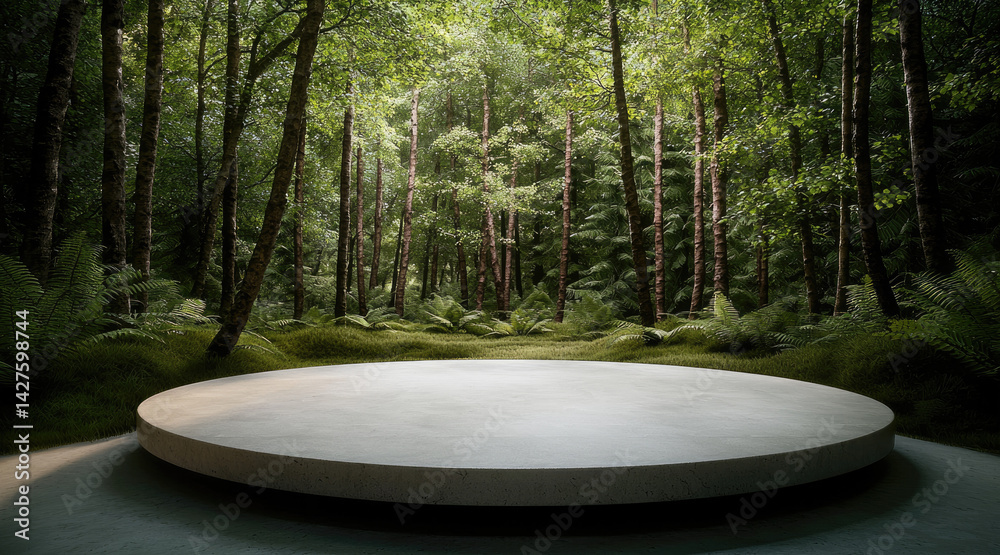 Aufkleber serene forest scene featuring circular platform surrounded by lush greenery, tall trees, and ferns. 