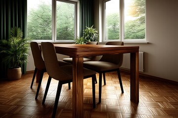 Fototapeta premium Serene Dining Room Interior Design: Wooden Table, Natural Light, and Green Accents