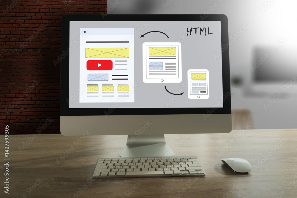 Fototapete businessman web design responsive website layout and content. landing page development on a laptop s