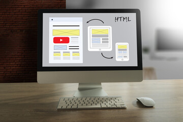 businessman web design responsive website layout and content. landing page development on a laptop...