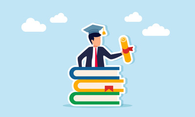 Businessman in graduation cap behind a stack of books holding a diploma or graduation document, illustration of graduation or obtaining a bachelor's, master's, or doctoral degree