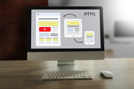 businessman web design responsive website layout and content. landing page development on a laptop screen LANDING PAGE (SEO concept)